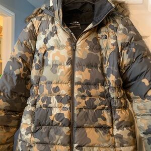 The North Face Camouflage Puffer Jacket in Beige, Olive, Gray with fur hood